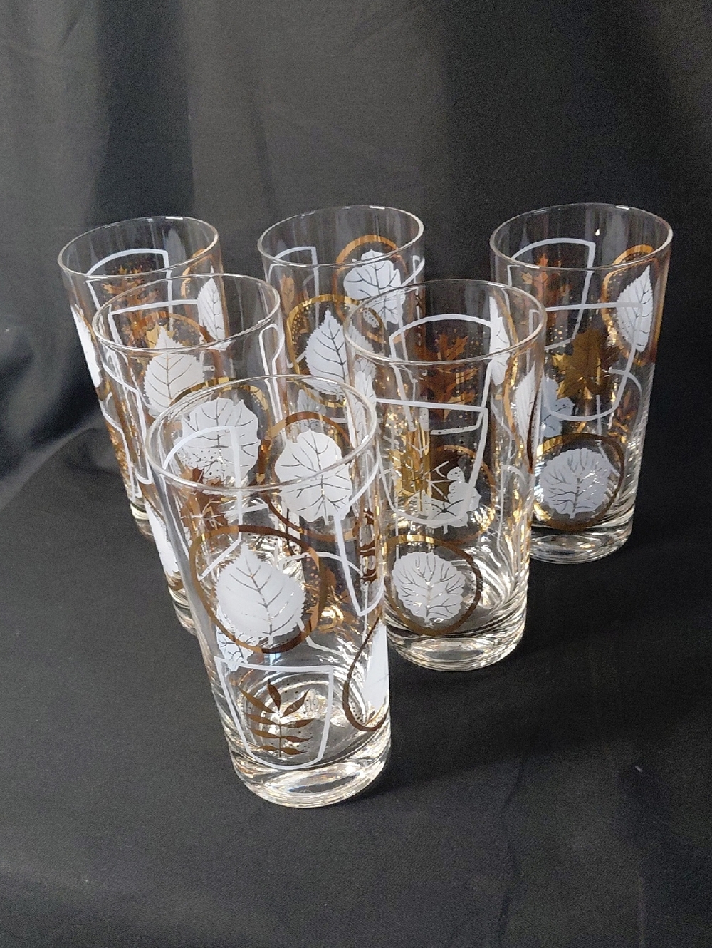 Set of 6 Mid-Century Highball Glasses with White Leaf & Gold Vine Motif